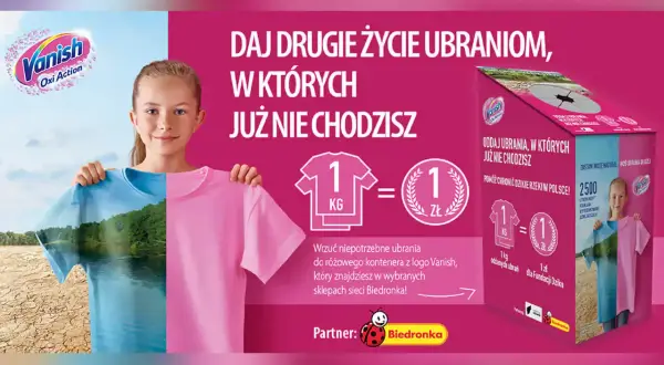 Dziewczynka trzyma dwie koszulki: jedną z widokiem na jezioro, drugą różową. Obok logo Vanish i hasło akcji.